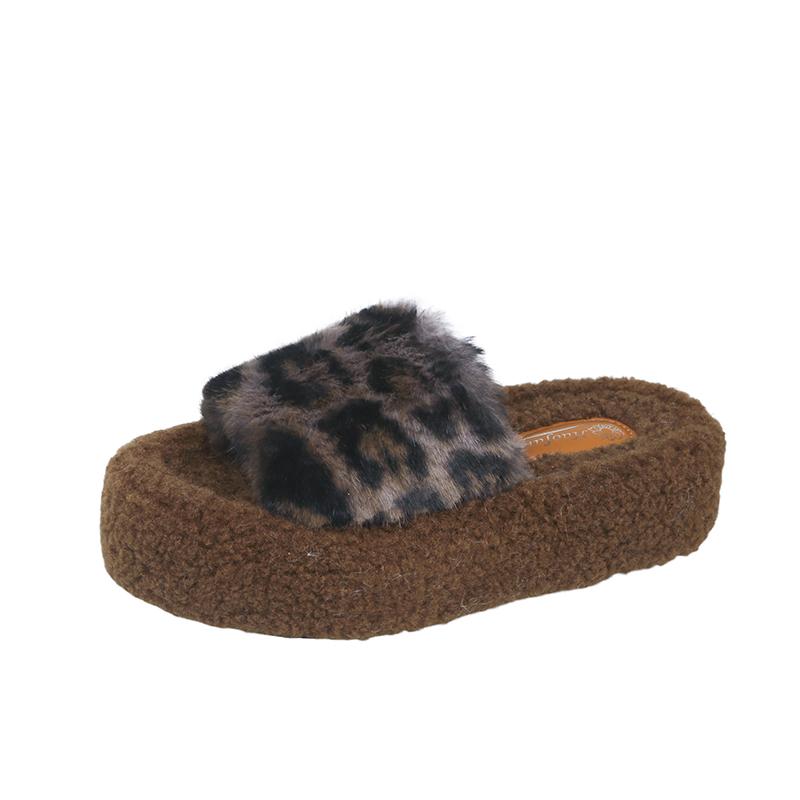 Modă 2024 Vânzare Fierbinte Pantofi de Damă Peep Toe Papuci de Damă Modă Imprimeu Leopard Papuci de Zi cu Zi Femei Noi Papuci Plați de Pluș Scurt