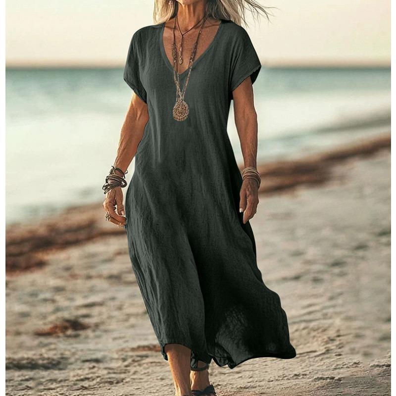 YYFS Women's Fashion Summer Spring Solid Color Print Short Sleeve V-Neck Loose Waistlinet Casual Dresses