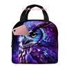 Isolierte Lunchtasche mit einem Design einer Eule mit lila Sternen am Himmel, für Männer und Frauen geeignet, perfekt für die Arbeit