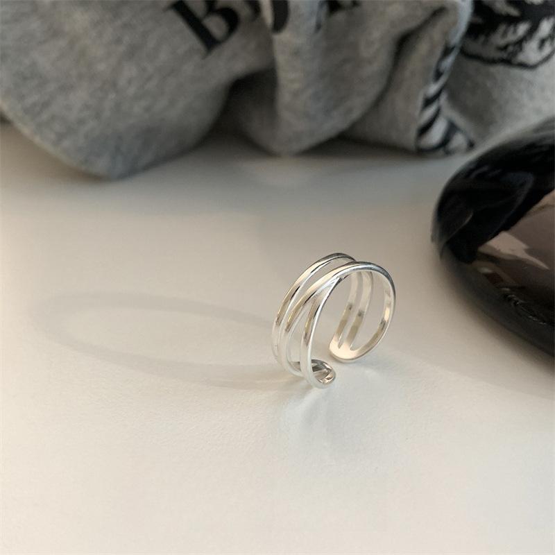 Korean simple 925 sterling silver cross three-layer ring cold wind index finger ring niche design open ring