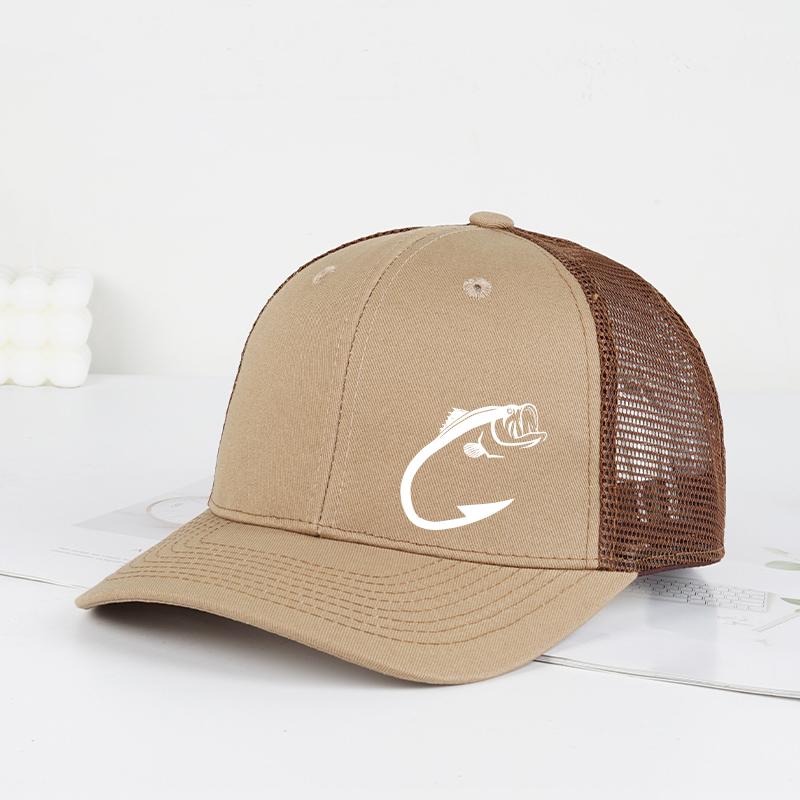 Chapeau de camionneur imprimé hameçon de poisson basse réglable unisexe filet ventilé chapeau de soleil pour pêcheur beige