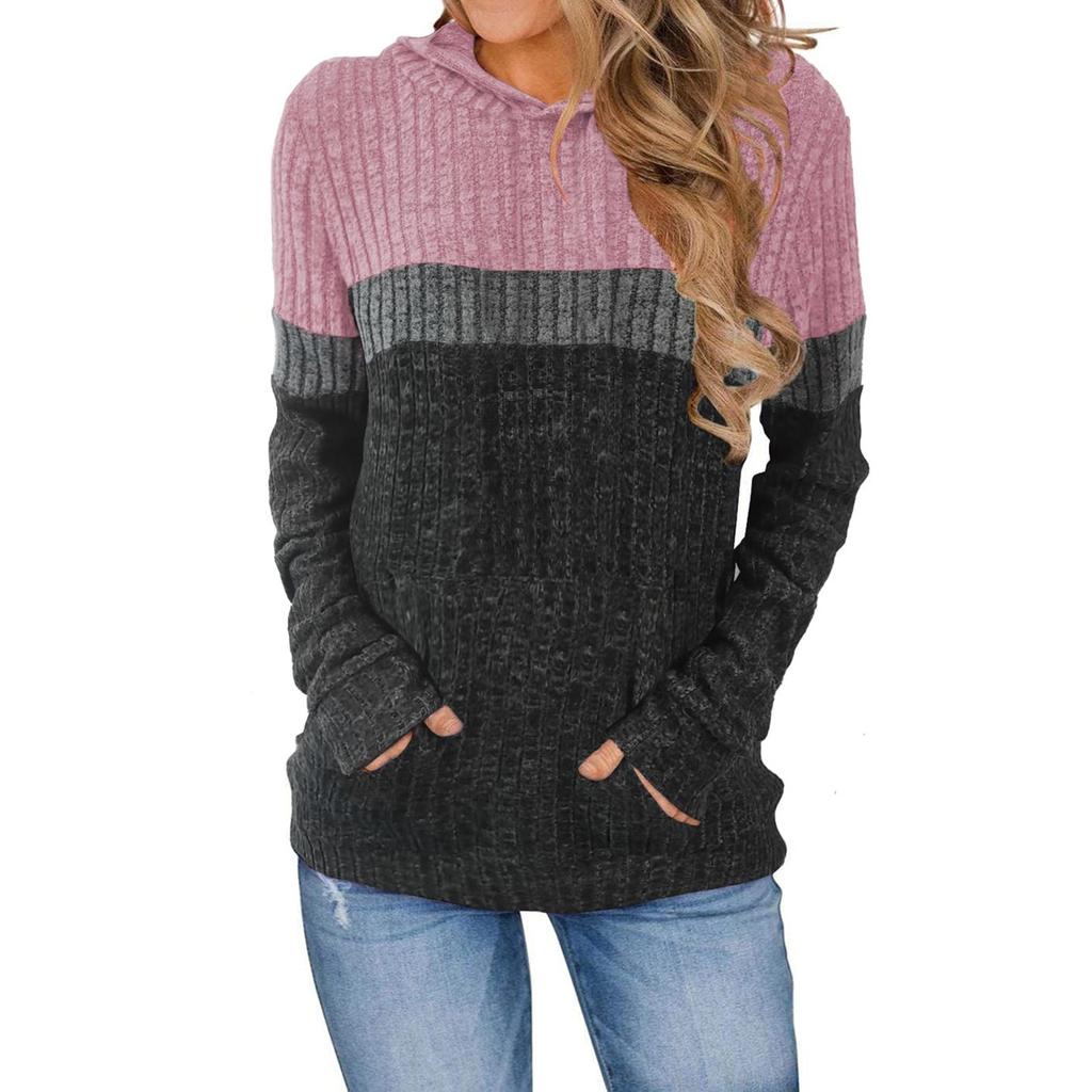 Women's Fashionable Casual Color Blocked Hooded Pocket Loose Long Sleeved Pullover Top