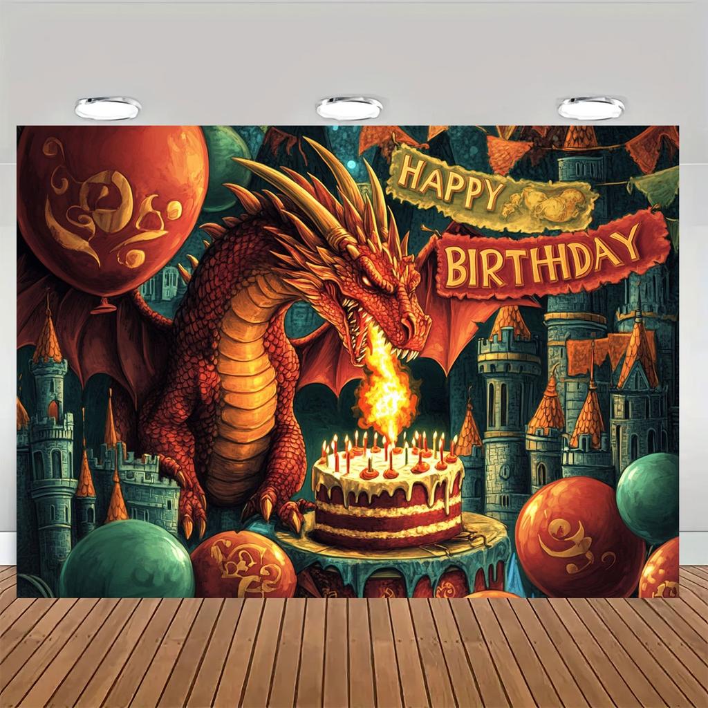 1 Fond d'anniversaire onirique sur le thème des dragons bannière de fête en polyester adaptée pour Noël et les événements de célébration