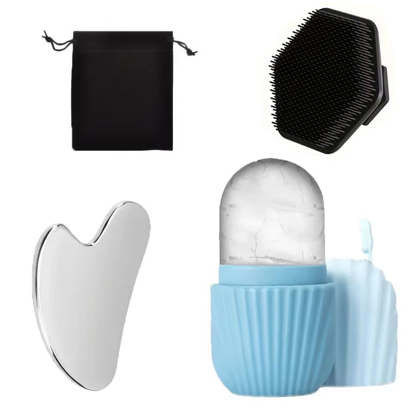 4Pcs Ice Roller Gua Sha Facial Brush Set Stainless Steel Massager for Face Puffiness Relief Skin Care Kit Beauty Skin Care Tool