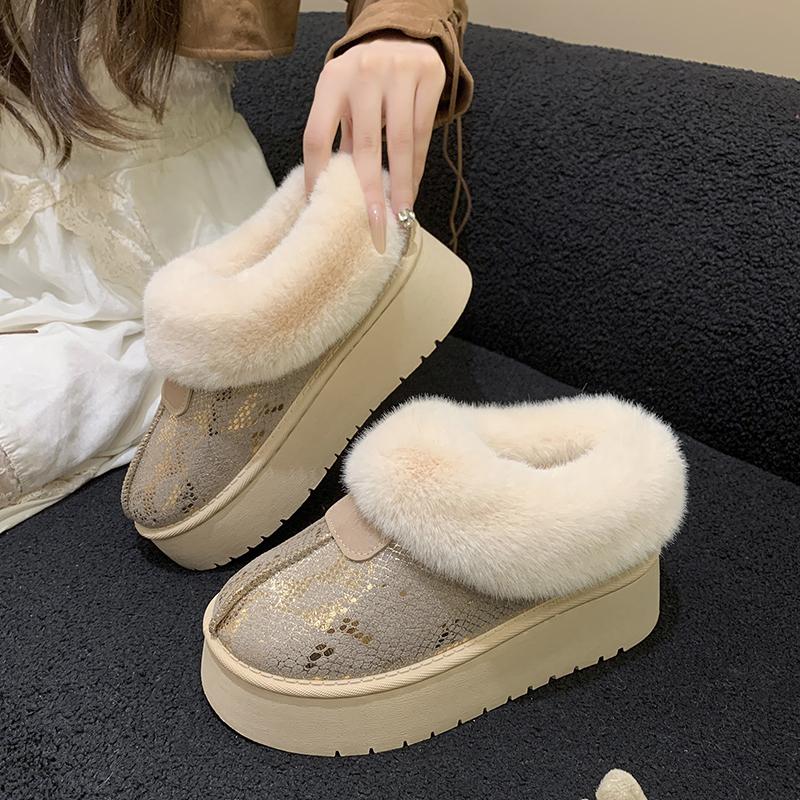 Snow Boots Winter New Round Toe Deep Mouth Platform Plush Non-slip Warm Flat Bare Boots