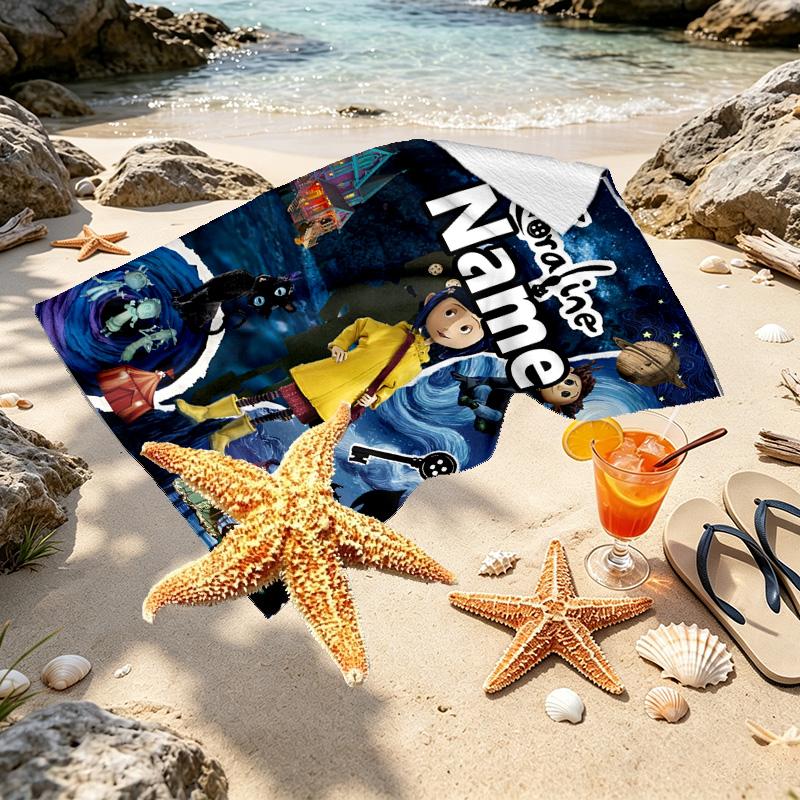Custom Name Personalized Coraline Print Beach Towel, for Trip Camping Beach Party Home Decor, Birthday Gift for Family & Friends