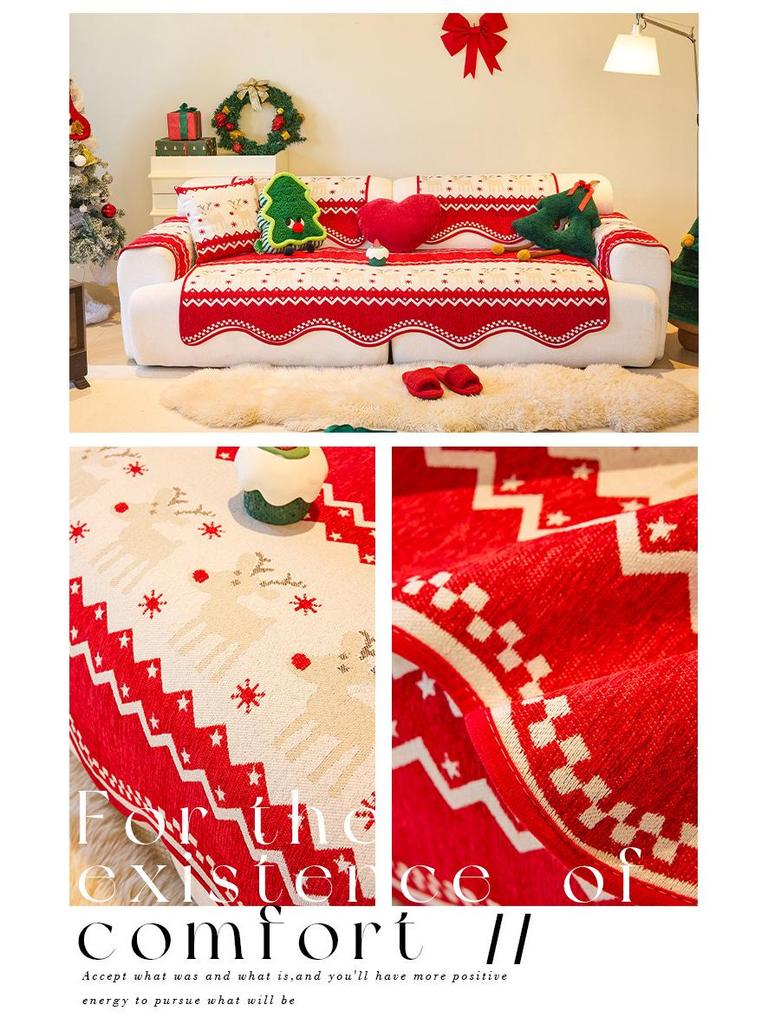 Festive Red Chenille Non-Slip Sofa Cover for All Seasons - New Year & Christmas Style