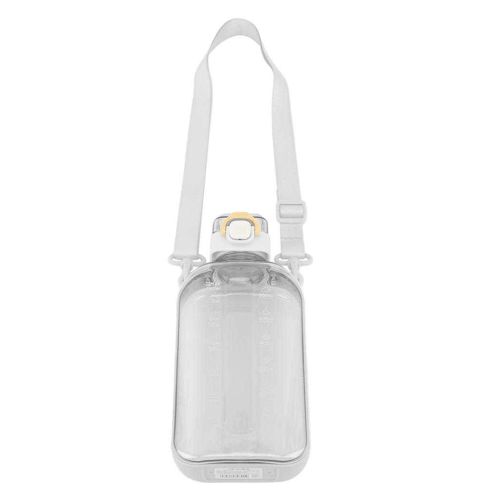 750ml 25oz Large Capacity Motivational Water Bottle Portable Sports Water Kettle with Time Marker Shoulder Strap White