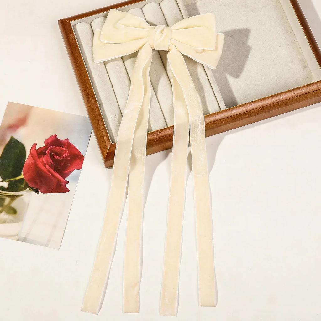 Velvet Ribbon with Pearl Korean Hair Clips for Women Elegant Long Tassel Large Bows Girls Hairpin Accessories Autumn Winter New