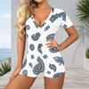 Women Plus Size Printed V Neck Short Sleeve Button Front Romper White Green Orange