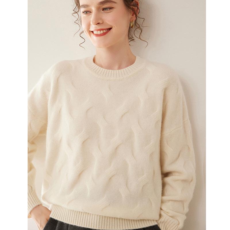 2025 Autumn/Winter Women's Soft Cashmere Round Neck Cable Knit Sweater - Korean Style