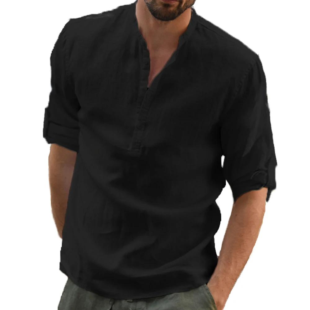 

Cotton Linen Hot Sale Men s Long-Sleeved Shirts Summer Solid Color Stand-Up Collar Casual Beach Style Plus Size Linen Man Tops 3XL чорний