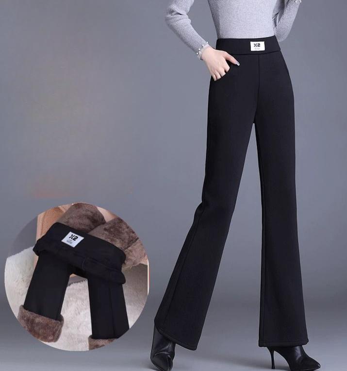 Mit Fleece gefütterte Winterhose mit geradem Bein für Damen, verdickte gerade Pantalones und Baggy-Hosen aus Lammwolle mit hoher Taille