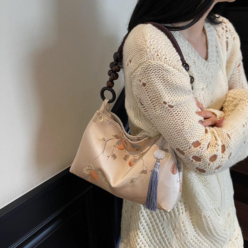 Retro Beige Embroidery Handbag Women Beaded Handle Large Capacity Shoulder Bag Ladies Elegant Luxury High End Underarm Bags