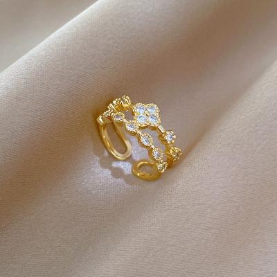 Bague en Or Véritable Herbe Porte-Bonheur Entièrement Pavée d'Éclats Ouverture Réglable Bijou Simple Bague Japonaise Bague de Couple
