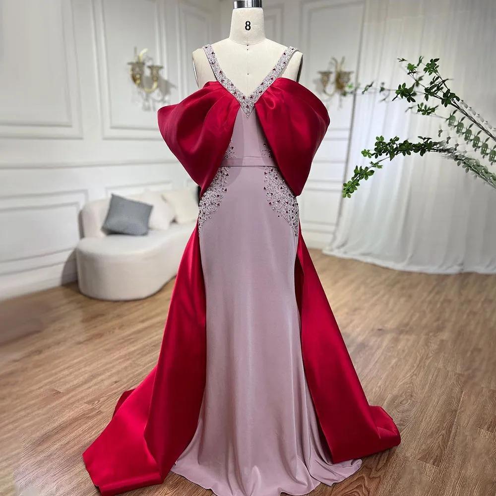Pink satin beaded sexy suspender premium texture fishtail banquet host evening dress LA11111