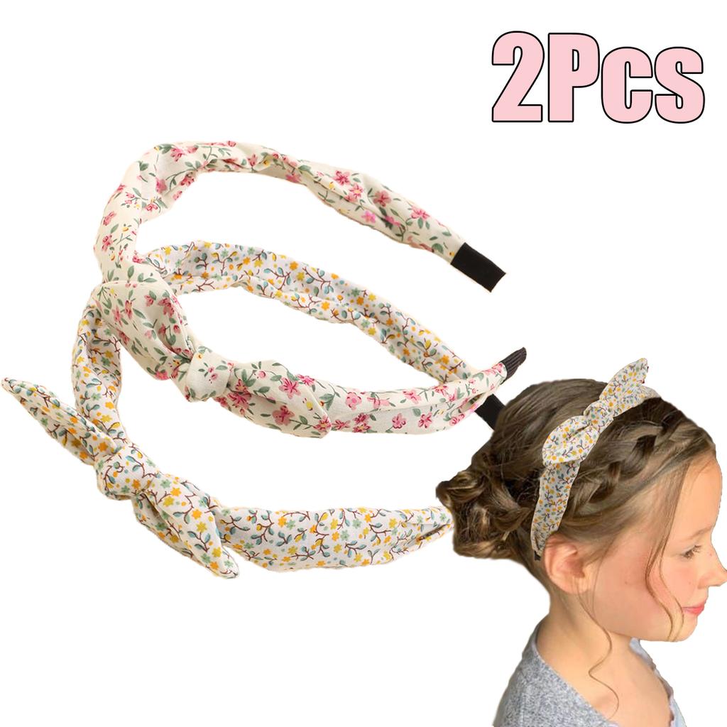 2Pcs Korean Knotted Bow Headbands Sweet Flower Hair Bands Floral Printed Head Hoop For Girls Children Tiara Diadem Accessories