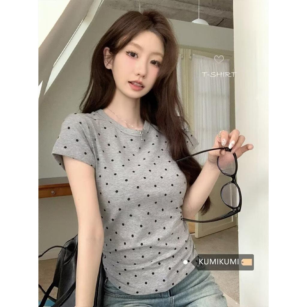 Student polka dot short-sleeved T-shirt women's summer new Korean slim and thin fashion versatile top tide