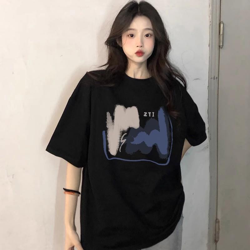 Women's Hong Kong Retro Chic Loose Black Cotton Short-Sleeve T-Shirt