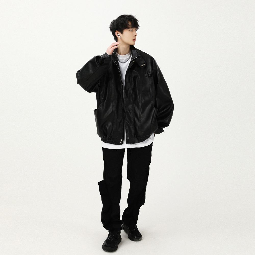 Locomotive clothing men's trendy brand loose tooling PU leather jacket autumn high street trend casual ruffian handsome stand-up collar jacket