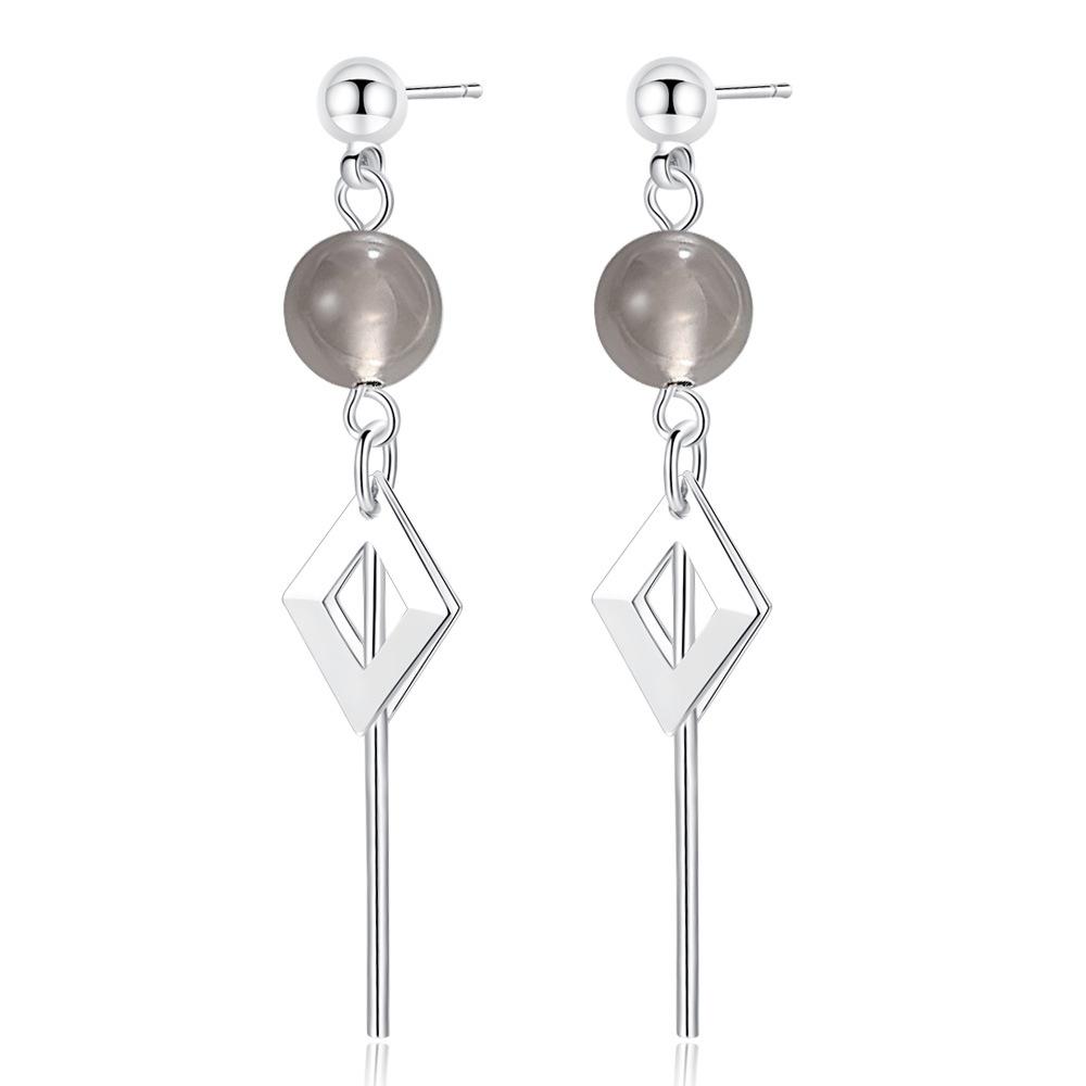 Geometric Rhombus Silver-plated Stud Earrings, Simple, Medium and Long Fringed Earrings, Earrings