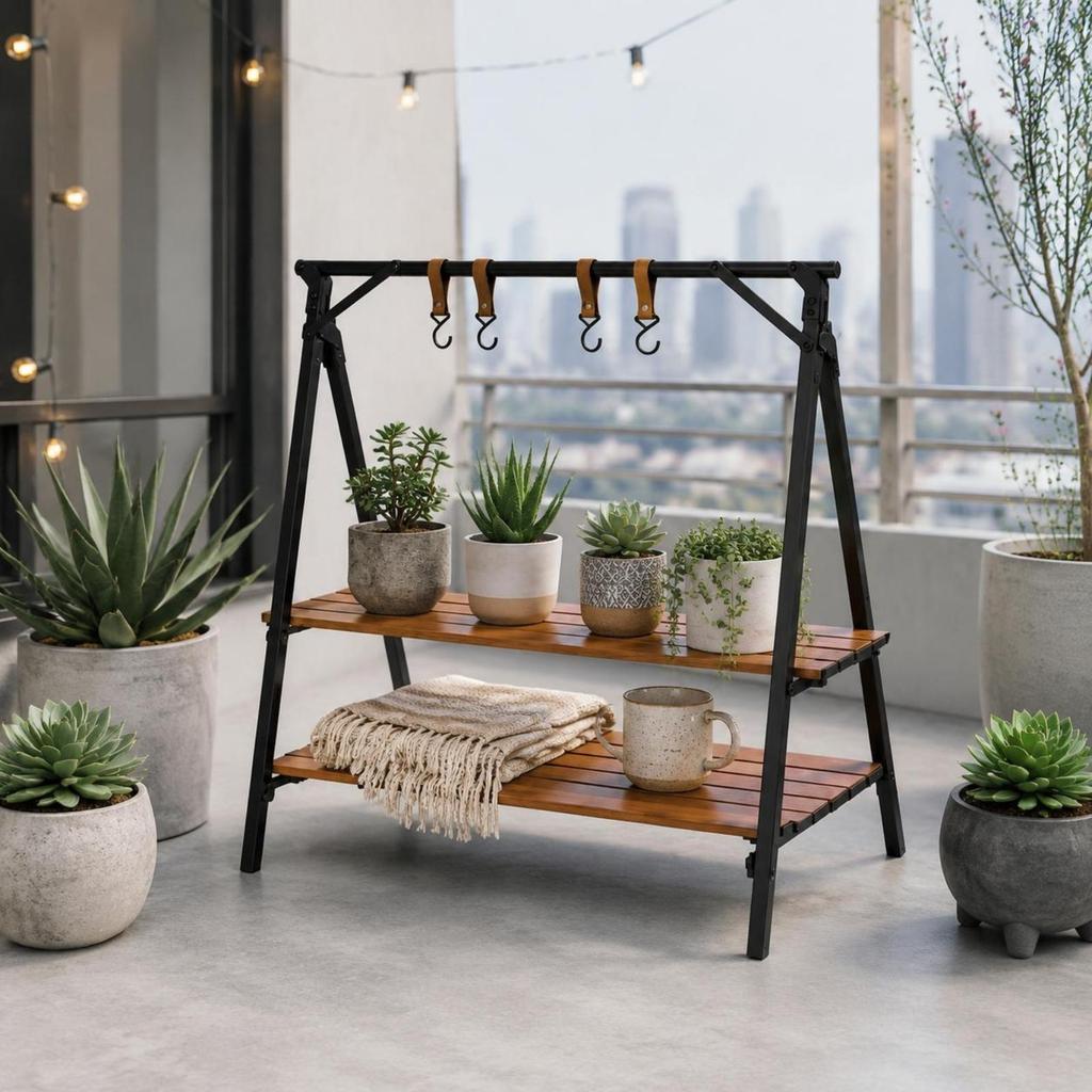 Double Layer Wooden Rack Foldable Shelving Compact Unit Strong Bearing Capacity