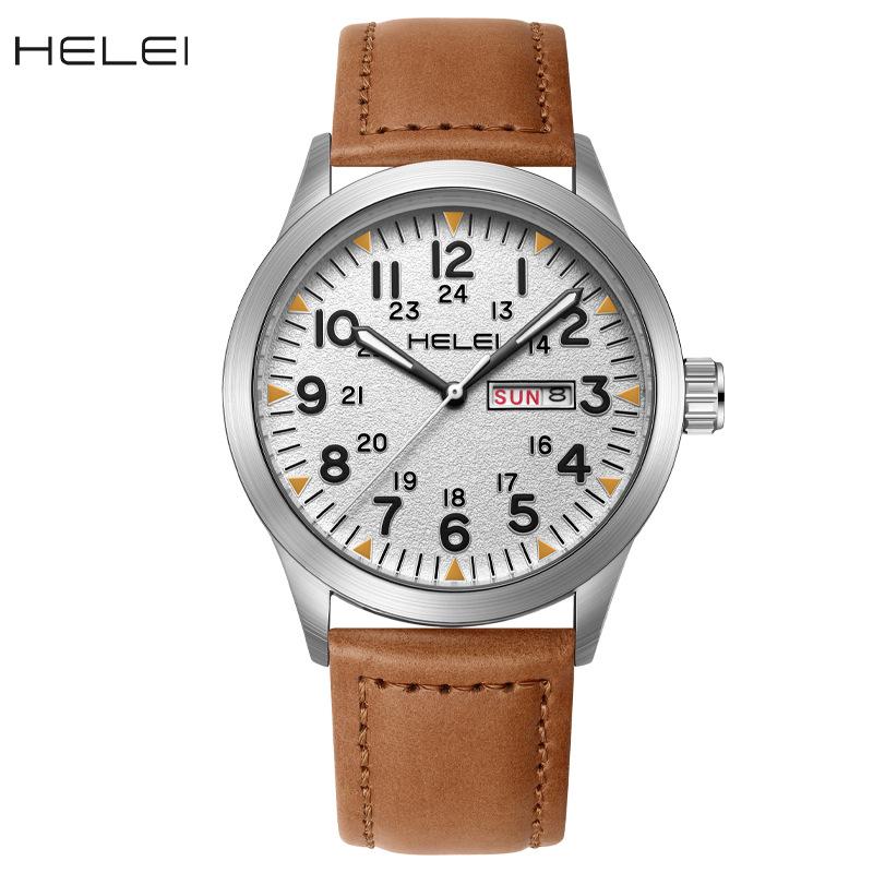 New HELEI Herey Men's Watch Leather Waterproof Luminous Watch Quartz Watch Calendar Week Display