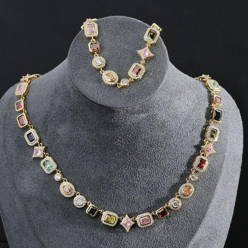 Hip Hop Dopamine Colored Gemstones Wind-Set Diamonds Geometric Adjustable Women'S Light Luxury Necklace Jewelry