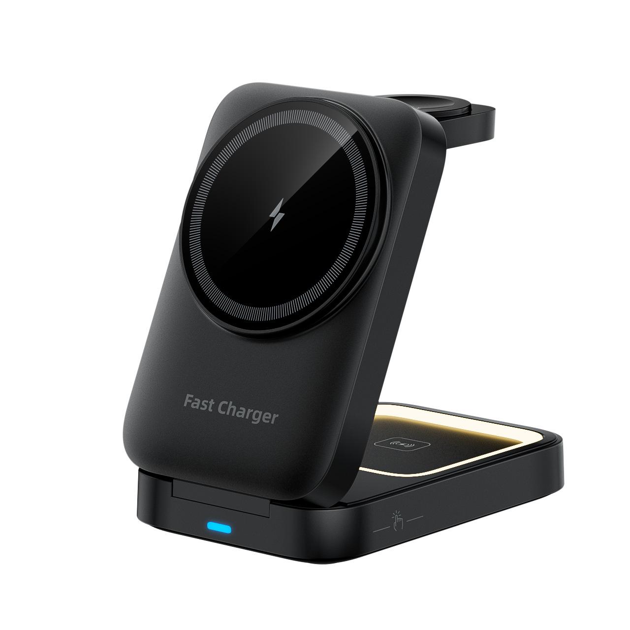 

Складное магнитное беспроводное зарядное устройство 3 в 1: Подставка для быстрой зарядки 15 Вт для телефонов, часов и наушников чёрный