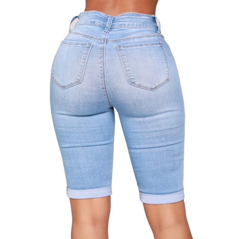 Summer Women's Plus Size Biker Stretch Mid Pants Blue Jeans