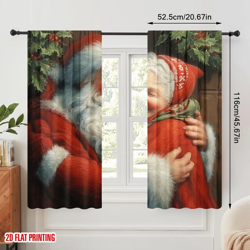 2 Stück, 2D-Flachdruck Vorhänge & Fensterdekoration Weihnachtsmann & Mrs_ Weihnachten Umarmung Polyestergewebe (ohne Stange) Art Deco
