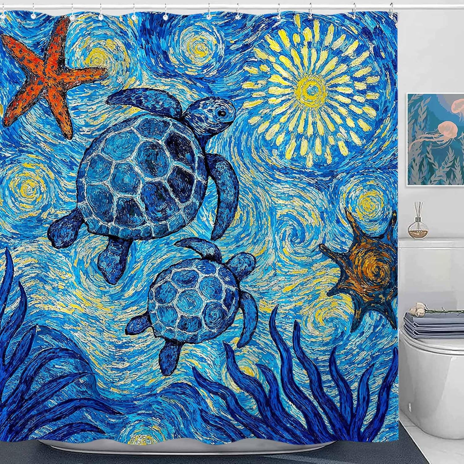 Serene Sea Turtle Shower Curtain Set Starry Ocean Art Waterproof Bathroom Shower Curtain Peaceful Marine Life Print Coast 90x180cm