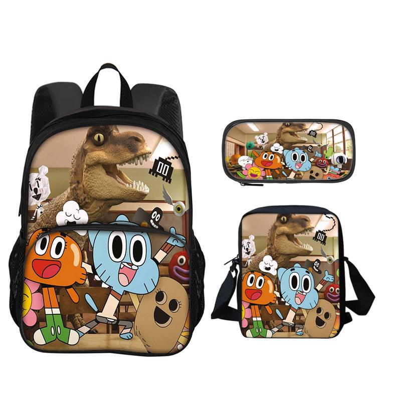 The Amazing World of Gumball Round Front Bag Backpack Pen Bag Shoulder Bag 3Pcs Set Cartoon Anime Printed Student Boys and Girls