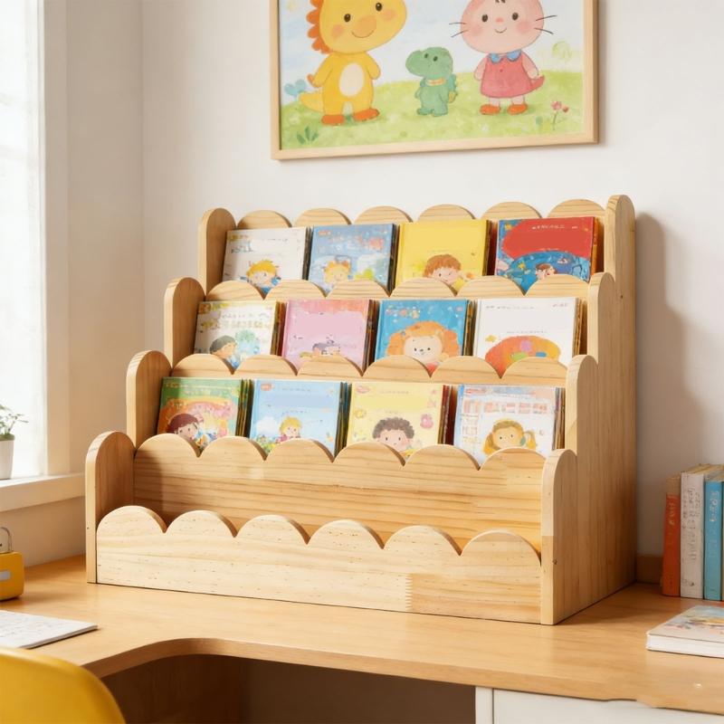 Natürlicher Holz Kinderbuchständer mit 4 Fächern, ideal für Schlafzimmer, Klassenzimmer und Spielbereiche