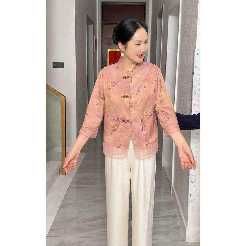 

Mother s Day Chinese Style Slimming Top with Stand Collar and Frog Button Jacquard Mid-Sleeve - Women s Fashionable Blouse 2XL (suggested 105-120 jin)