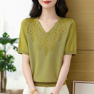 Top de damă subțire cu decolteu în V, tricotat, de vară, jacquard, larg, cu mânecă scurtă, pulover tricotat