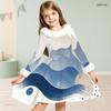 Girls Furry Collar Long Sleeve Beige Black Printed A Line Flared Dress With Bow