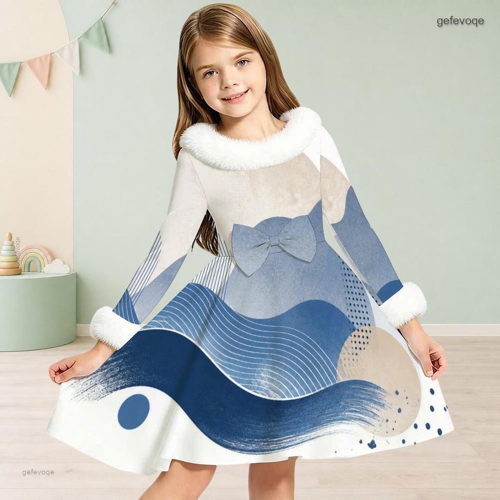 Girls Furry Collar Long Sleeve Beige Black Printed A Line Flared Dress With Bow