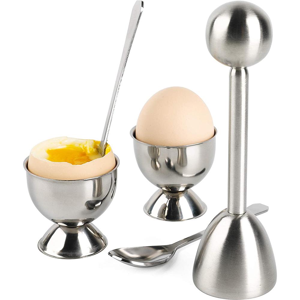 Egg Cracker Topper Set Stainless Steel Soft Hard Boiled Eggs Separator Holder with Spoons Kitchen Egg Tools