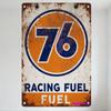 Vintage Racing Fuel Metal Tin Sign, Distressed Retro Rusty Design with Hanging Rings for Man Cave Bar Decor