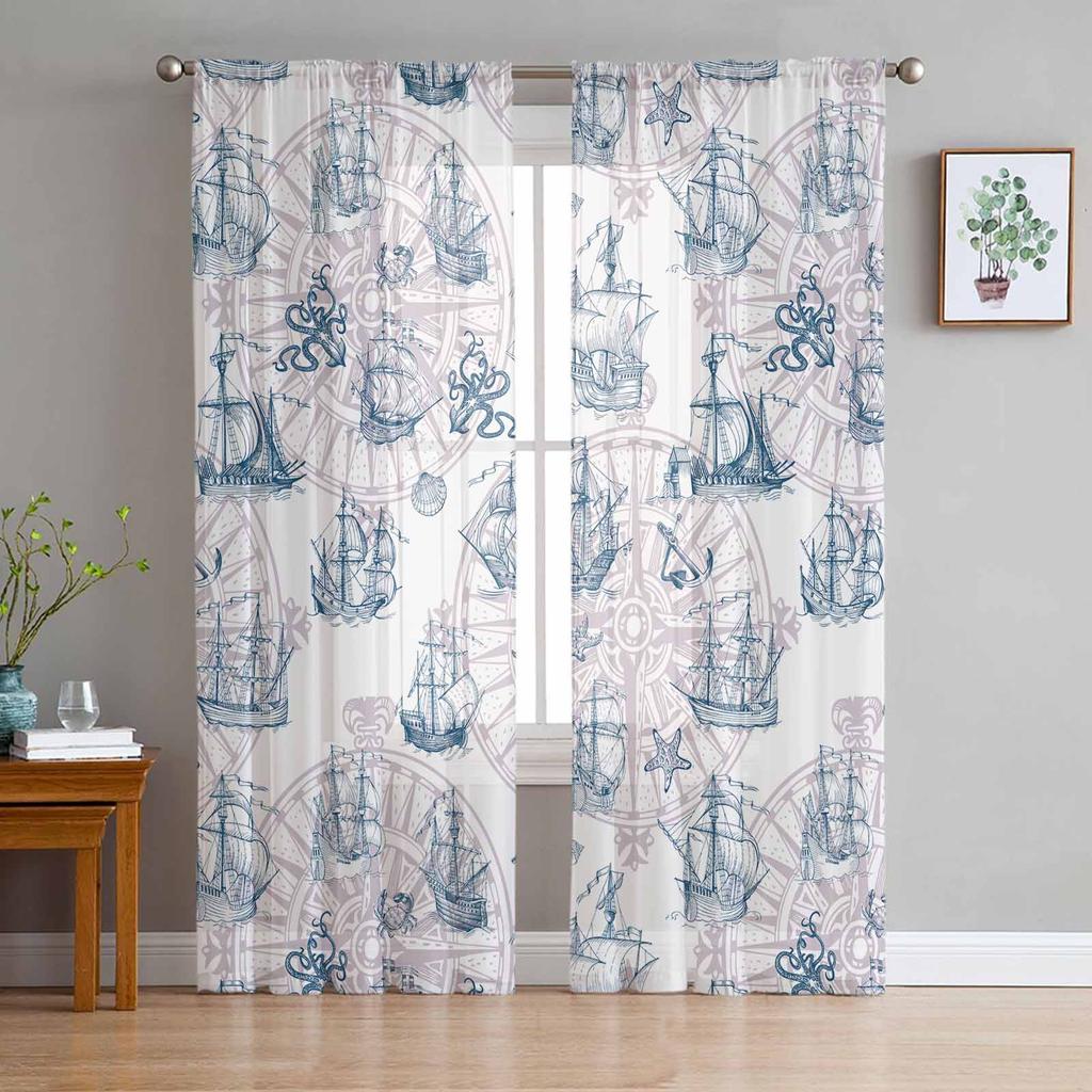 Vintage Sailing Ship Nautical Chiffon Sheer Curtains for Living Room Bedroom Decoration Window Voiles Tulle Curtain Drapes