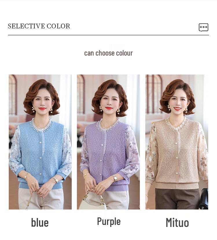 Elegant Spring Knit Top: Stylish Jacquard Seven-Sleeve Design for Moms, Perfect Base Layer for Middle-Aged and Elderly Women