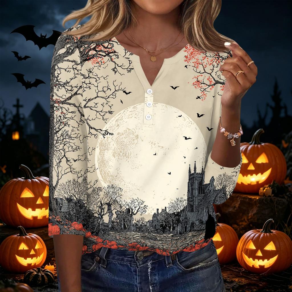 Women's Casual Halloween Print V Neck Button Front Three Quarter Sleeve T Shirt Top Lightweight Soft Fabric Comfortable Fit