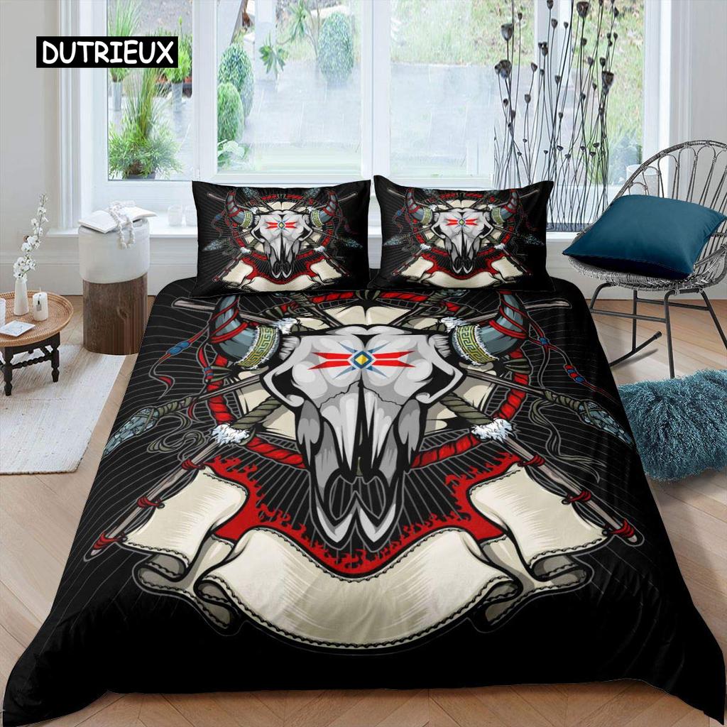 Cow Skull Bed Cover Queen Size Sunflower Cattle/Bull Skeleton Bed Linen Package Botanical Floral Leaves Boho Tribal Polyester Fabric Quilt Cover