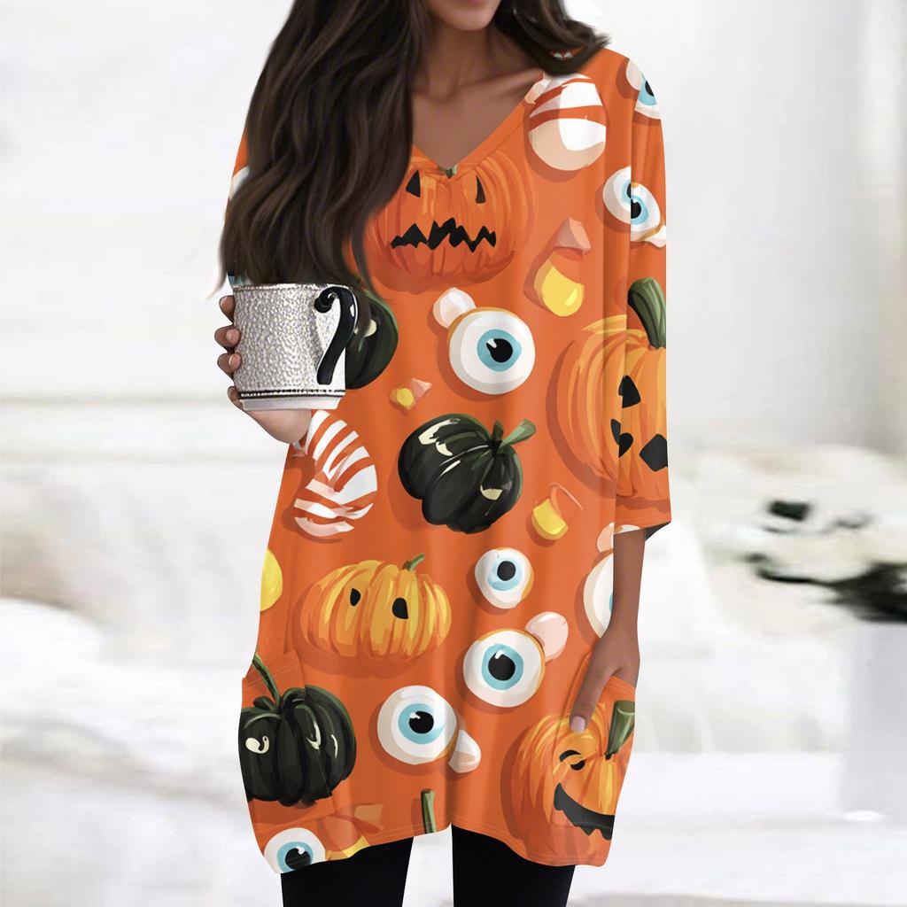Womens's Fashion Casual Halloween Print V-neck Mid Length Pocket 3/4 Sleeve Top