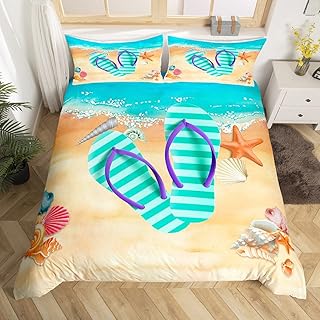 Flip Flops Soft Duvet Cover Quen Sized Dimensions Carton Beach Holiday Beding Set Children Kids Young Boys Young Girls Bedrom Decor Rainbow Flowers