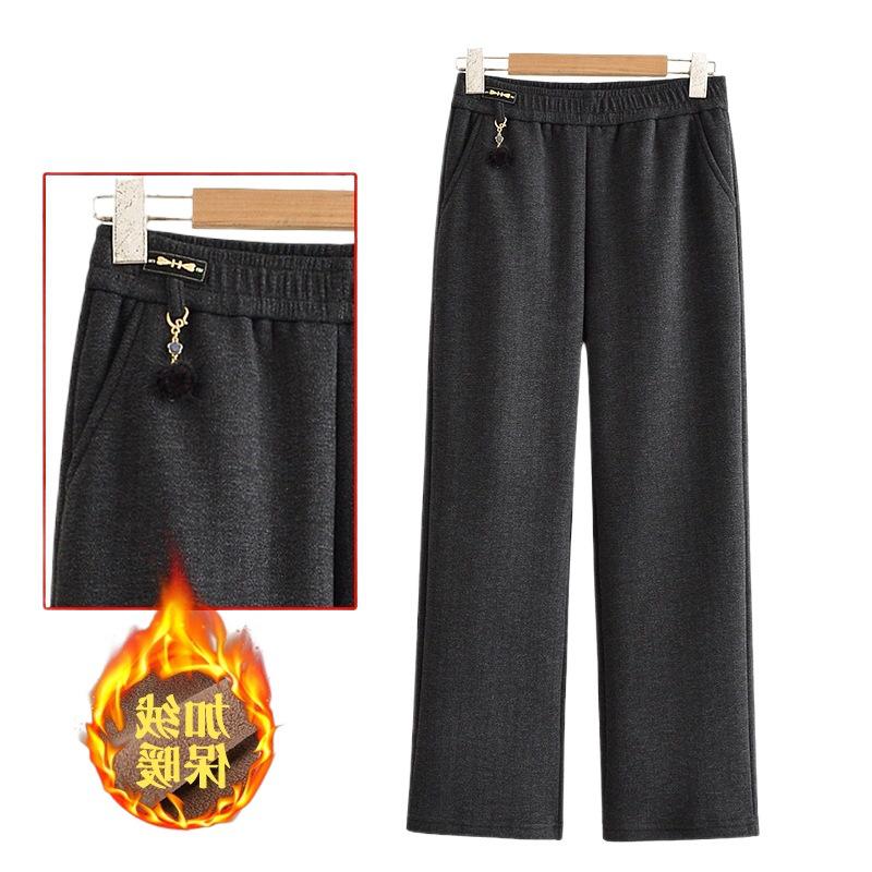 2025 Autumn/Winter Plus Velvet Thickened Elastic Waist Straight-Leg Casual Pants for Middle-Aged and Elderly Women