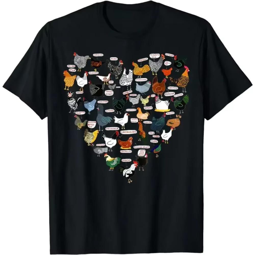 Funny Heart Design List of Chicken Breeds Farming Farmer T-Shirt Unisex Style Shirts for Women Summer Graphic T Shirts