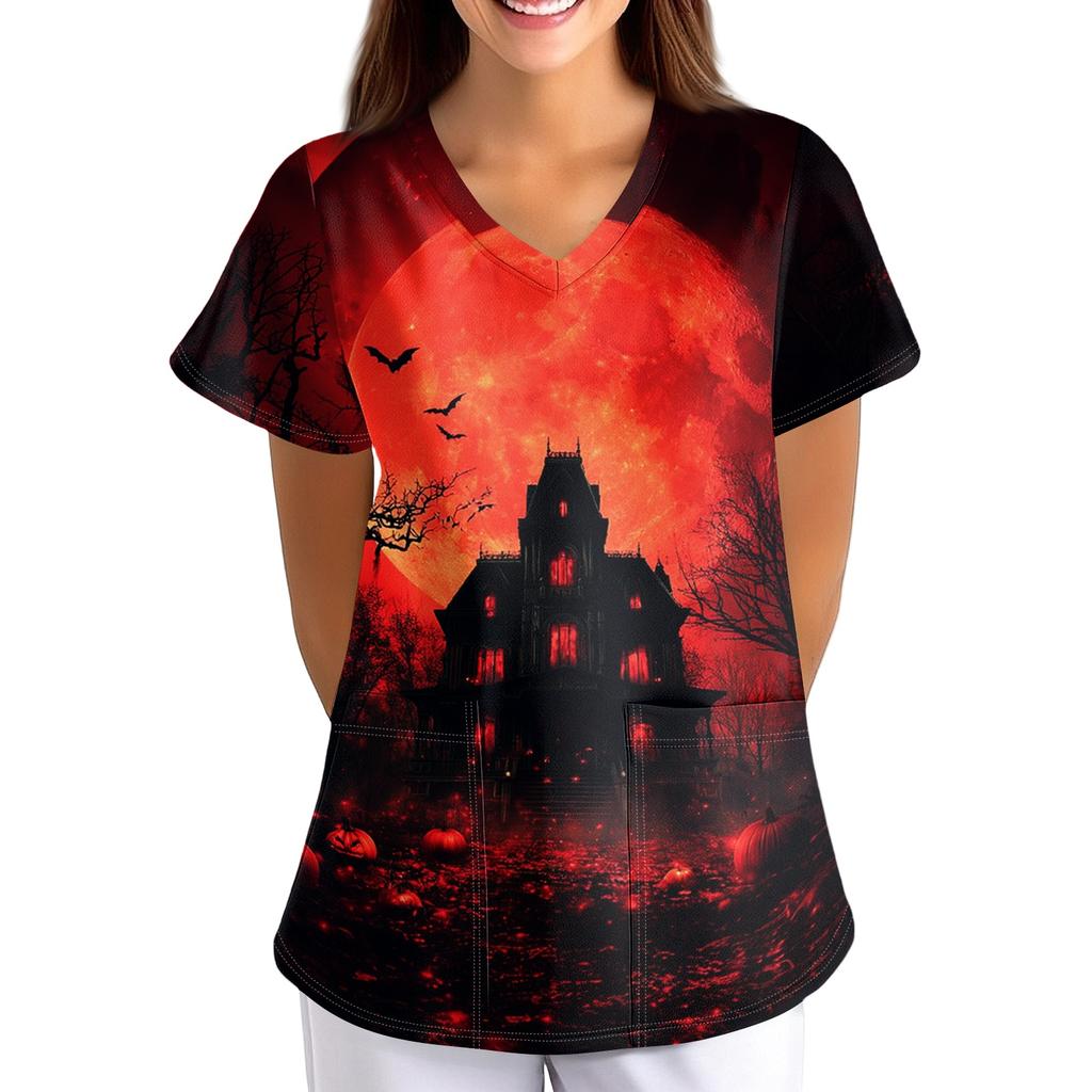 Women's Halloween Print Loose Fit V-Neck Short Sleeve Uniform Top with Pockets