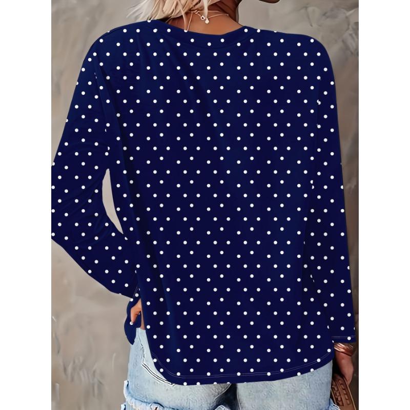 2025 Women's Basic V-Neck Long Sleeve,White Polka Dots Printed Polyester Relaxed Fit Tees Shirt,Spring Fall Casual Comfort Tops